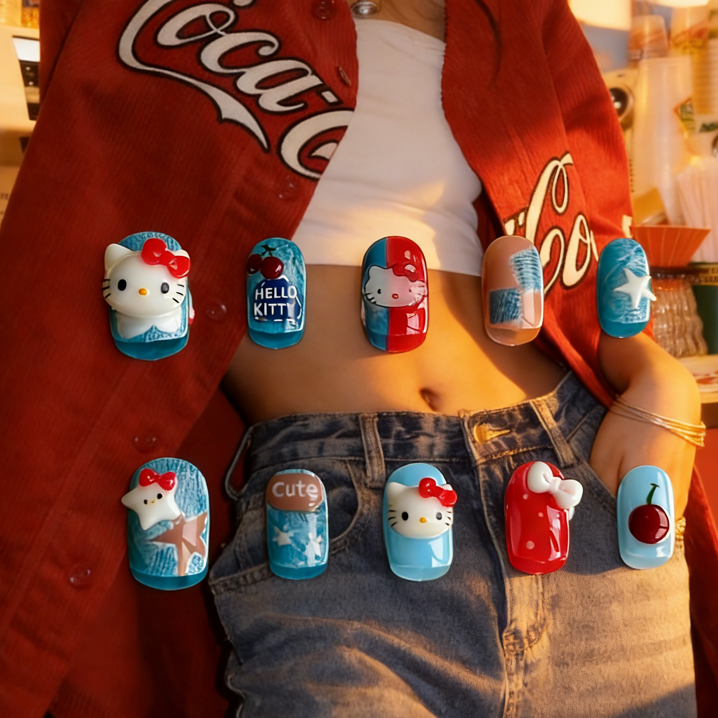Denim Charm press-on nails by MYOB Nails, featuring playful cat-themed character art, sweet cherry motifs, and vibrant blue and red accents for a casual, youthful aesthetic.