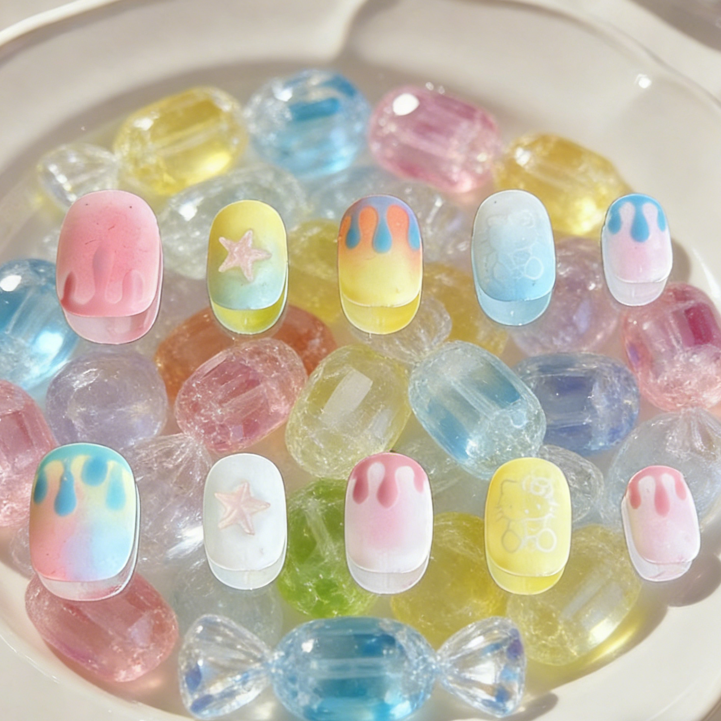 Dopamine Dream press-on nails by MYOB Nails featuring matte colorful gradients and 3D pink star charms