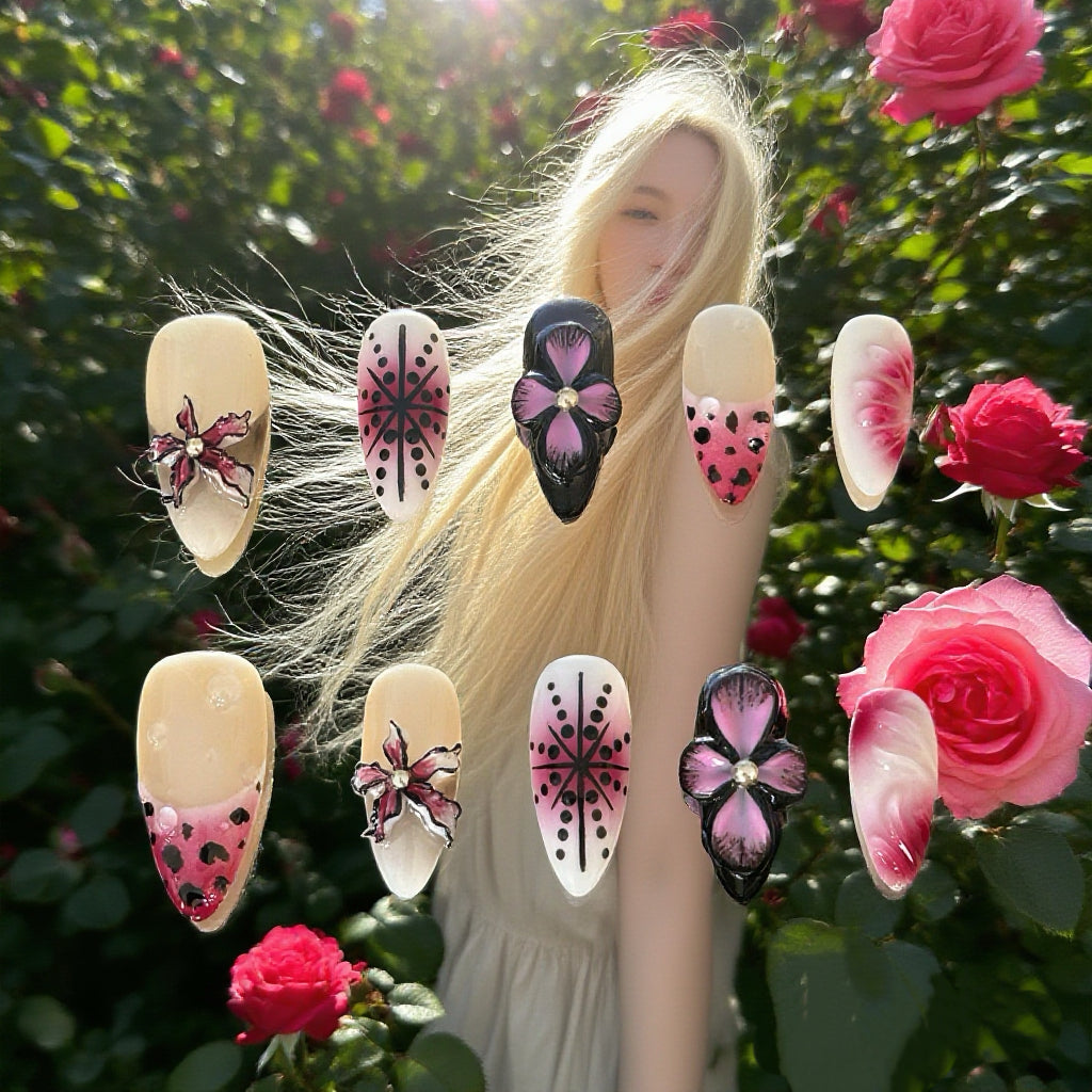 Handmade Dusk Orchid press-on nails featuring 3D floral accents, black and pink gradient patterns, and leopard print details on almond-shaped tips.