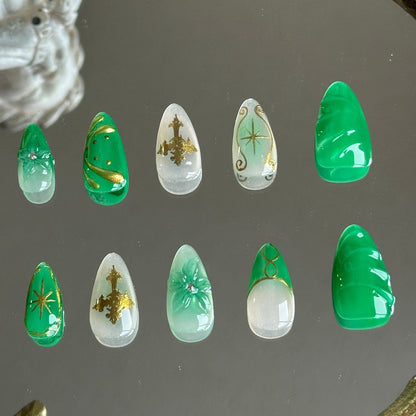 Back view of the Emerald Sigil handcrafted nail set by MYOB Nails, showcasing a luxurious vintage-inspired dark green aesthetic.