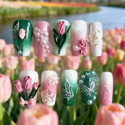 Emerald Tulip press-on nails by MYOB Nails featuring 3D sculpted pink tulips, roses, and embossed butterflies.