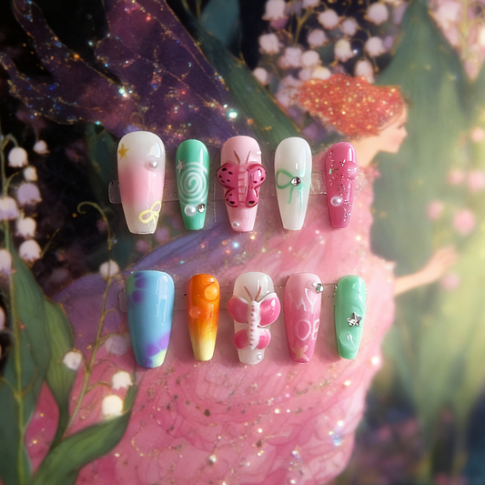 Fairytale press-on nails by MYOB Nails featuring 3D hand-sculpted butterflies and intricate hand-painted details.