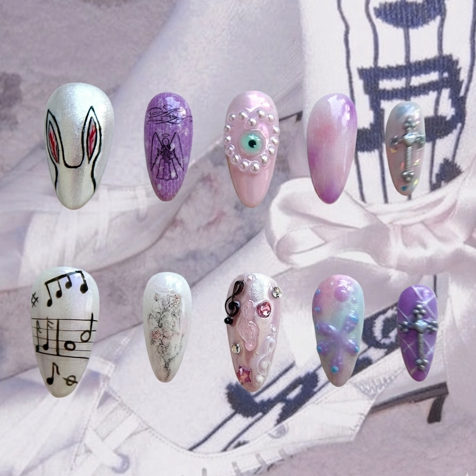 Gothic Psalm press-on nails by MYOB Nails featuring hand-painted angels, metallic crosses, and a 3D evil eye charm.