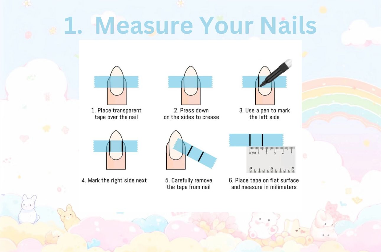 A step-by-step visual guide showing how to measure natural nail width in millimeters using tape and a ruler for MYOB Nails.