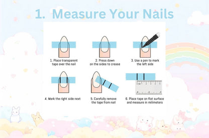 A step-by-step visual guide showing how to measure natural nail width in millimeters using tape and a ruler for MYOB Nails.