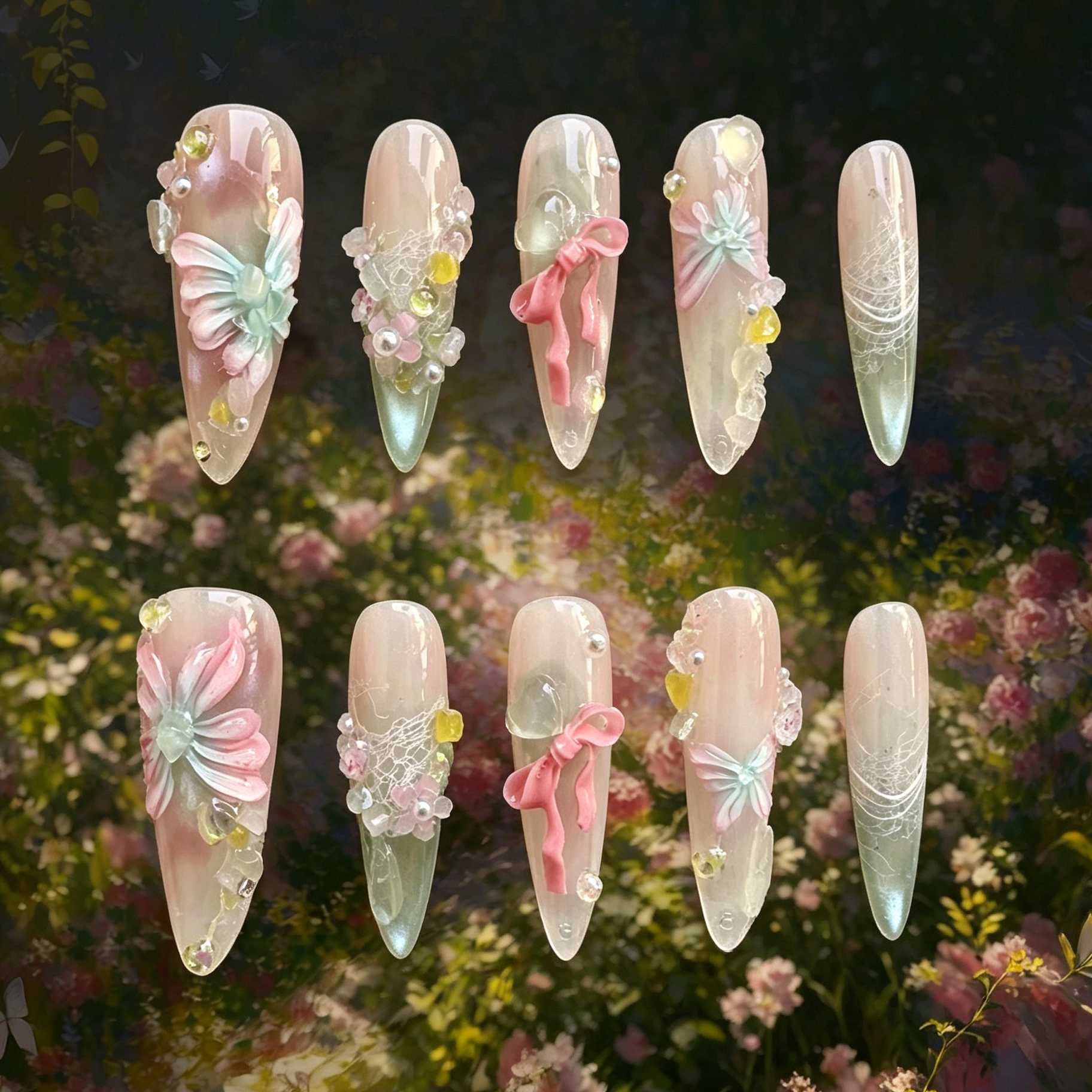 A Letter from Spring press-on nails by MYOB Nails, featuring 3D handcrafted pink butterflies, sparkling cat-eye effects, and delicate floral designs on sheer pink and green bases.