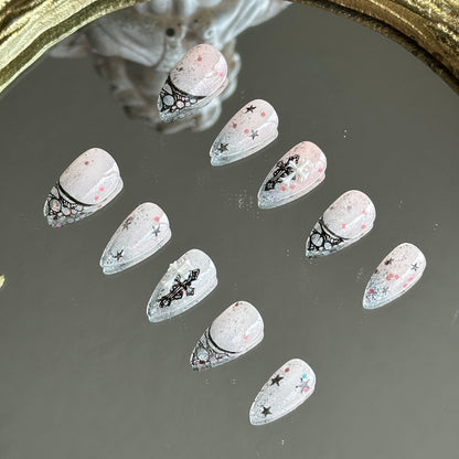 Right side view showcasing the 3D white cross over a black lace cross and hand-painted black stars.