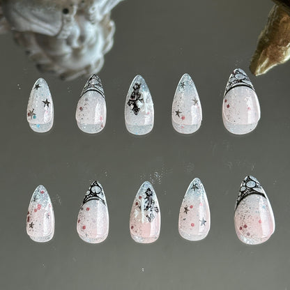 Back view of the set highlighting the subtle shimmer of silver and pink glitters under the nude pink gradient.