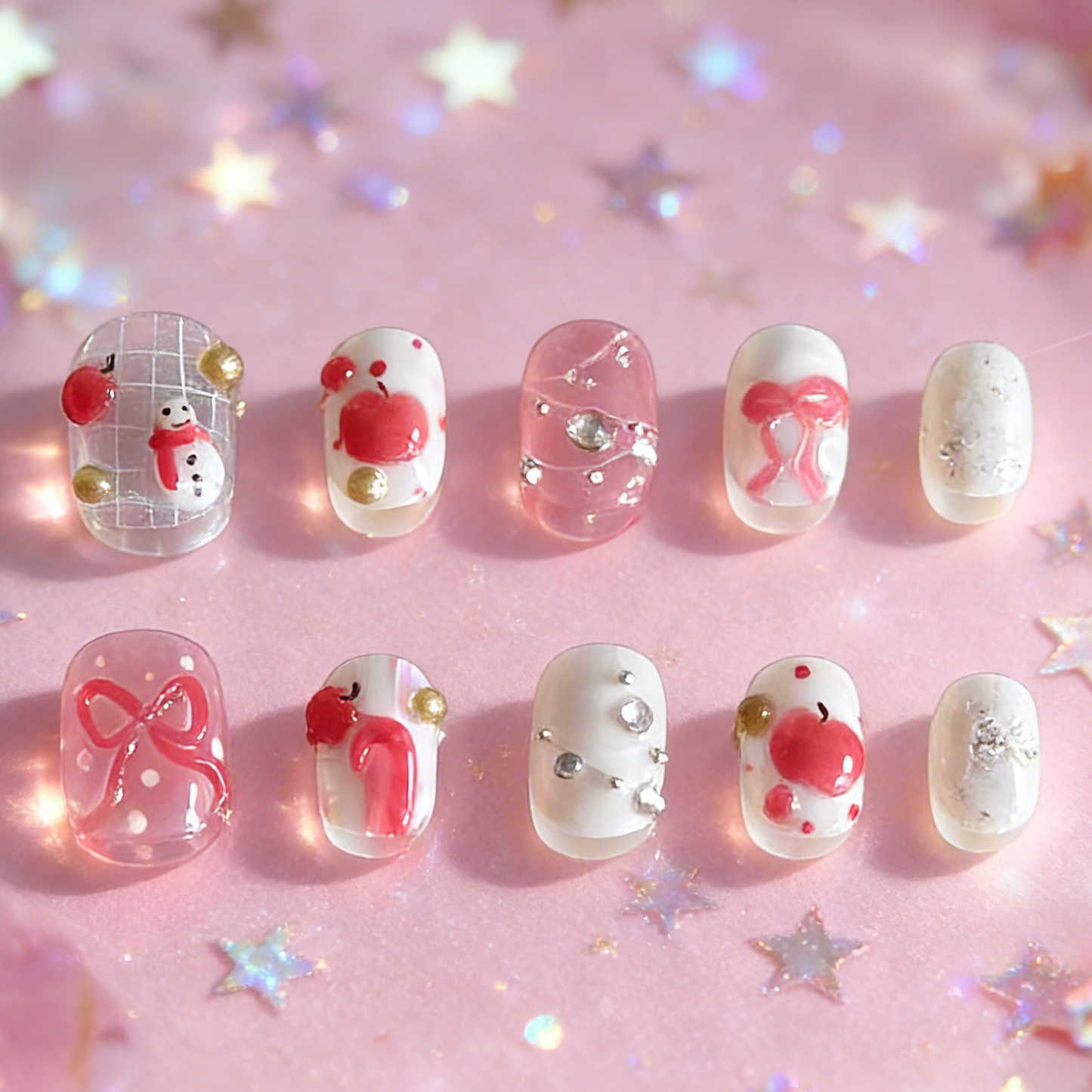 Merry Bites press-on nails by MYOB Nails featuring cute snowman, candy cane, and holiday bow designs.