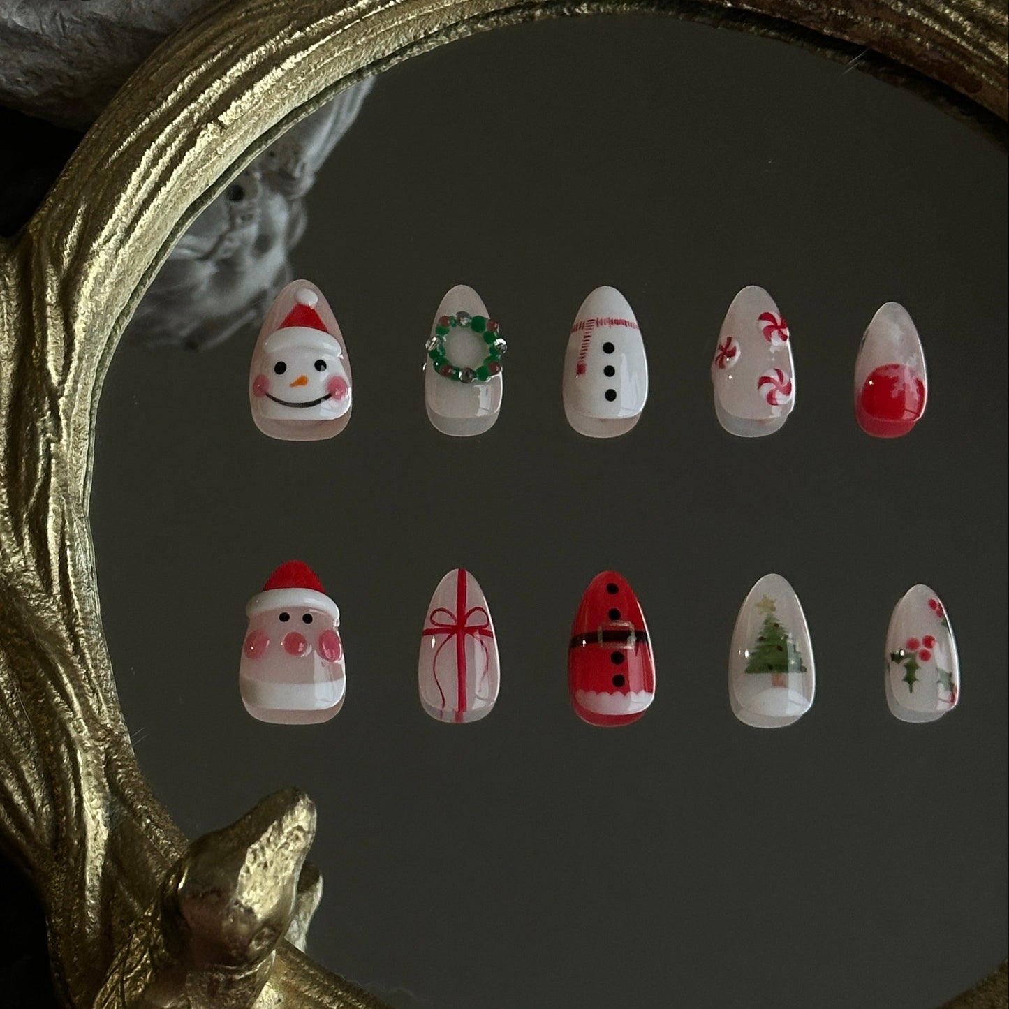 beige base with 3d snowman, santa, wreath and handpainted christmas tree.