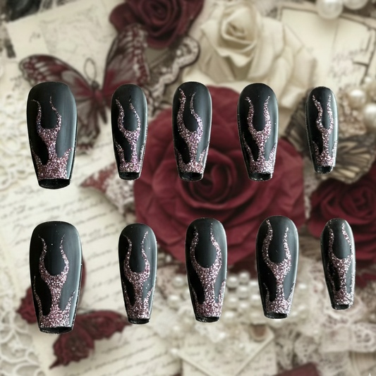 Midnight Blaze press-on nails by MYOB Nails featuring textured red glitter flames on a sleek matte black base.