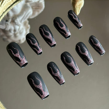 Close-up detail of the 3D textured red glitter flames, highlighting the raw crystal-like sparkle.