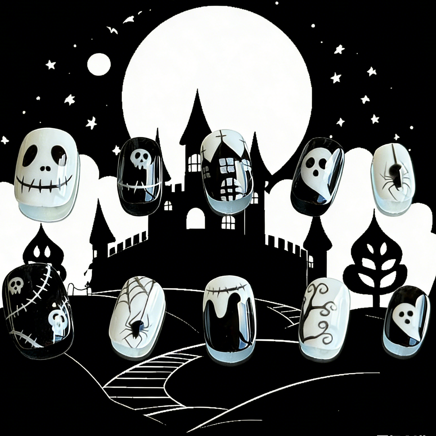 Midnight Masquerade nails by MYOB Nails shown against a spooky-chic haunted castle and full moon illustration background.