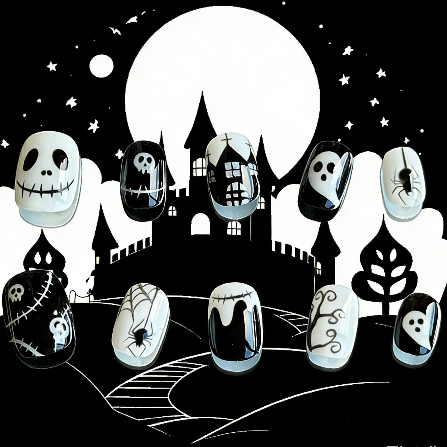 Midnight Masquerade nails by MYOB Nails shown against a spooky-chic haunted castle and full moon illustration background.