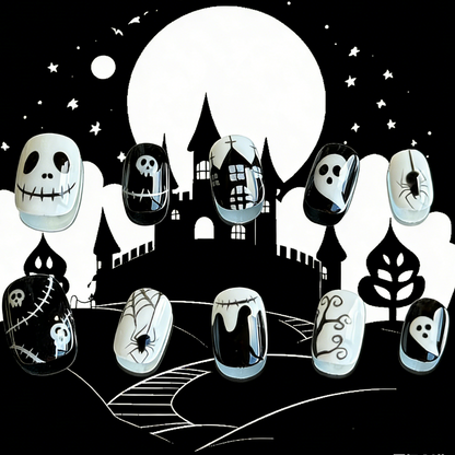 Midnight Masquerade nails by MYOB Nails shown against a spooky-chic haunted castle and full moon illustration background.