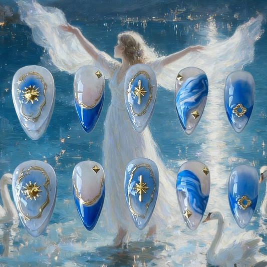 Moon River press-on nails by MYOB Nails featuring blue and white marble ink art with gold chrome accents.