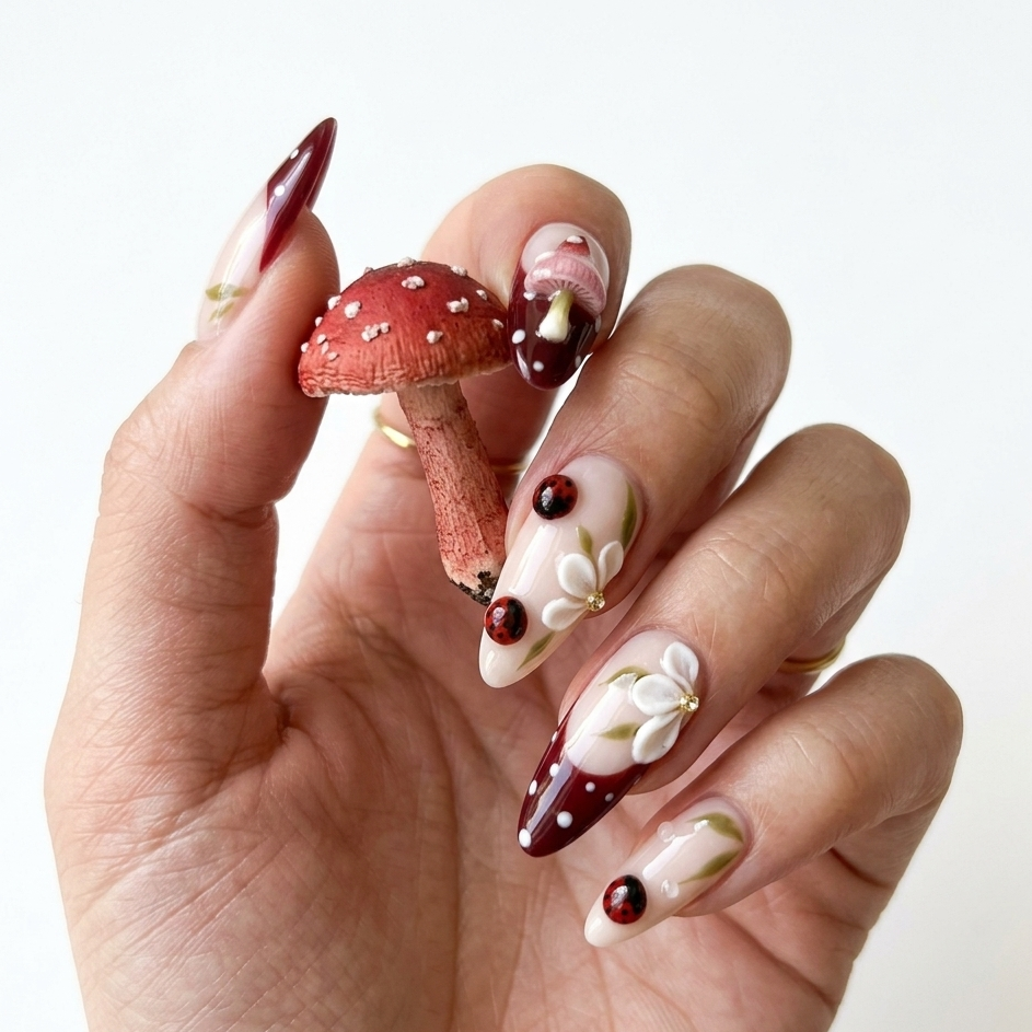 MYOB Nails A Glimpse of the Forest press-on nails featuring red and white polka dots, 3D mushroom charms, ladybugs, and white flowers, held by a hand model with a tiny mushroom toy.