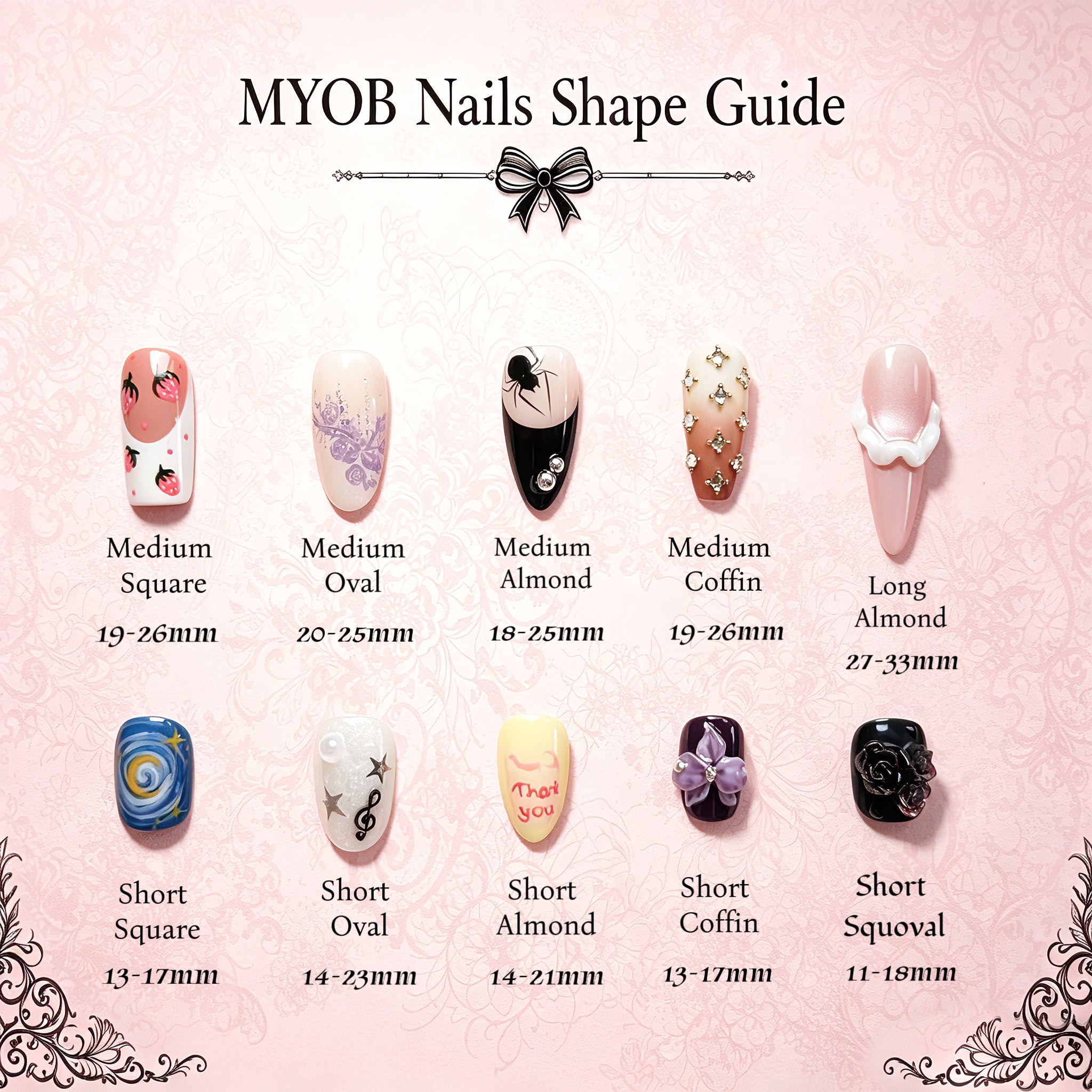 Comprehensive chart of all 10 available nail shapes and lengths offered by MYOB Nails, including detailed measurements.