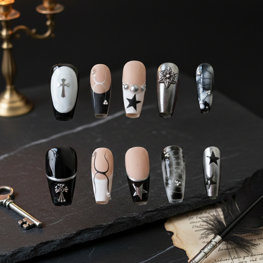 MYOBNails handcrafted gothic press-on nails named 'Crux' featuring silver chrome crosses, black stars, and smoky marble textures.