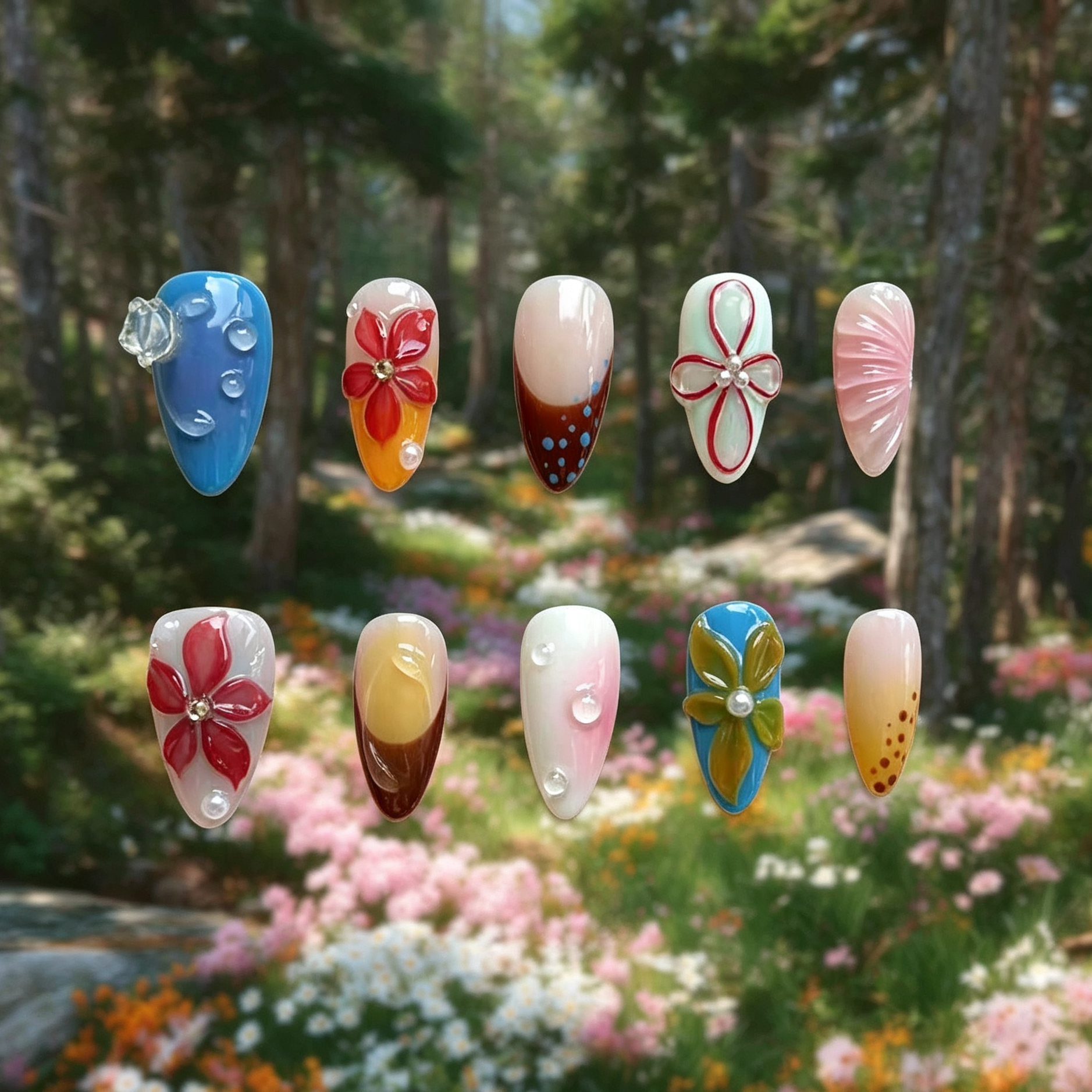 MYOB Nails Ethereal Bloom almond press-on nails, front view set against floral woodland backdrop, intricately hand-sculpted 3D florals, pearl accents and glossy droplet detailing, premium reusable spring manicure