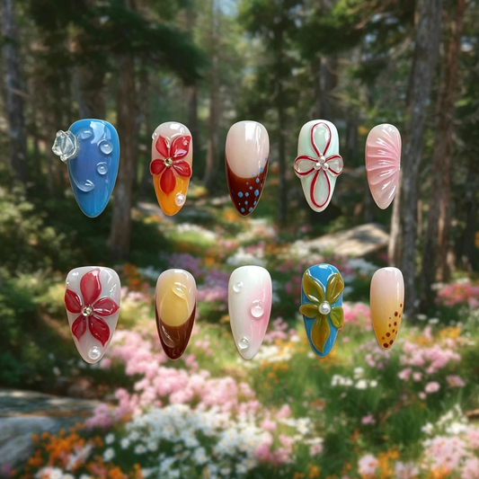 MYOB Nails Ethereal Bloom almond press-on nails, front view set against floral woodland backdrop, intricately hand-sculpted 3D florals, pearl accents and glossy droplet detailing, premium reusable spring manicure