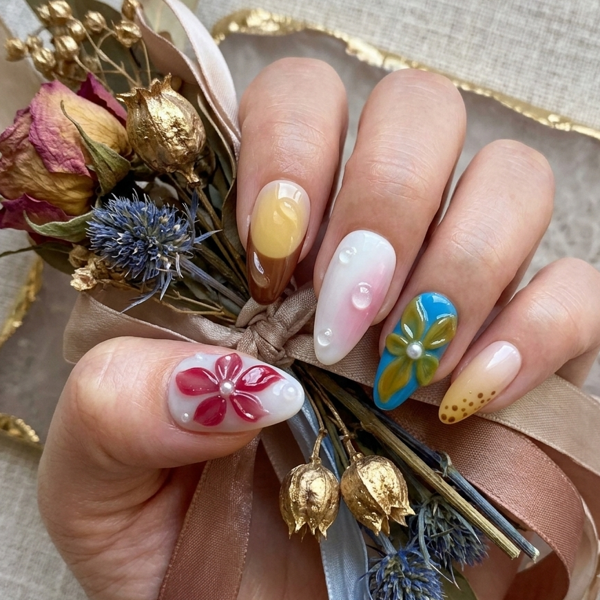 MYOB Nails Ethereal Bloom almond press-on nails worn on hand, lifestyle shot paired with delicate dried floral bouquet, showcasing wearable 3D sculpted flower nail designs, pastel spring tones, pearls and glossy droplet nail detailing