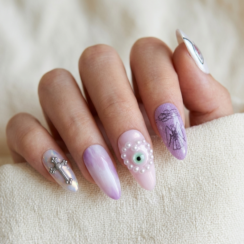 Close-up of MYOB Nails Gothic Psalm set on a hand model, showcasing a 3D evil eye with pearl borders, silver cross, and angelic line art on lavender almond nails.