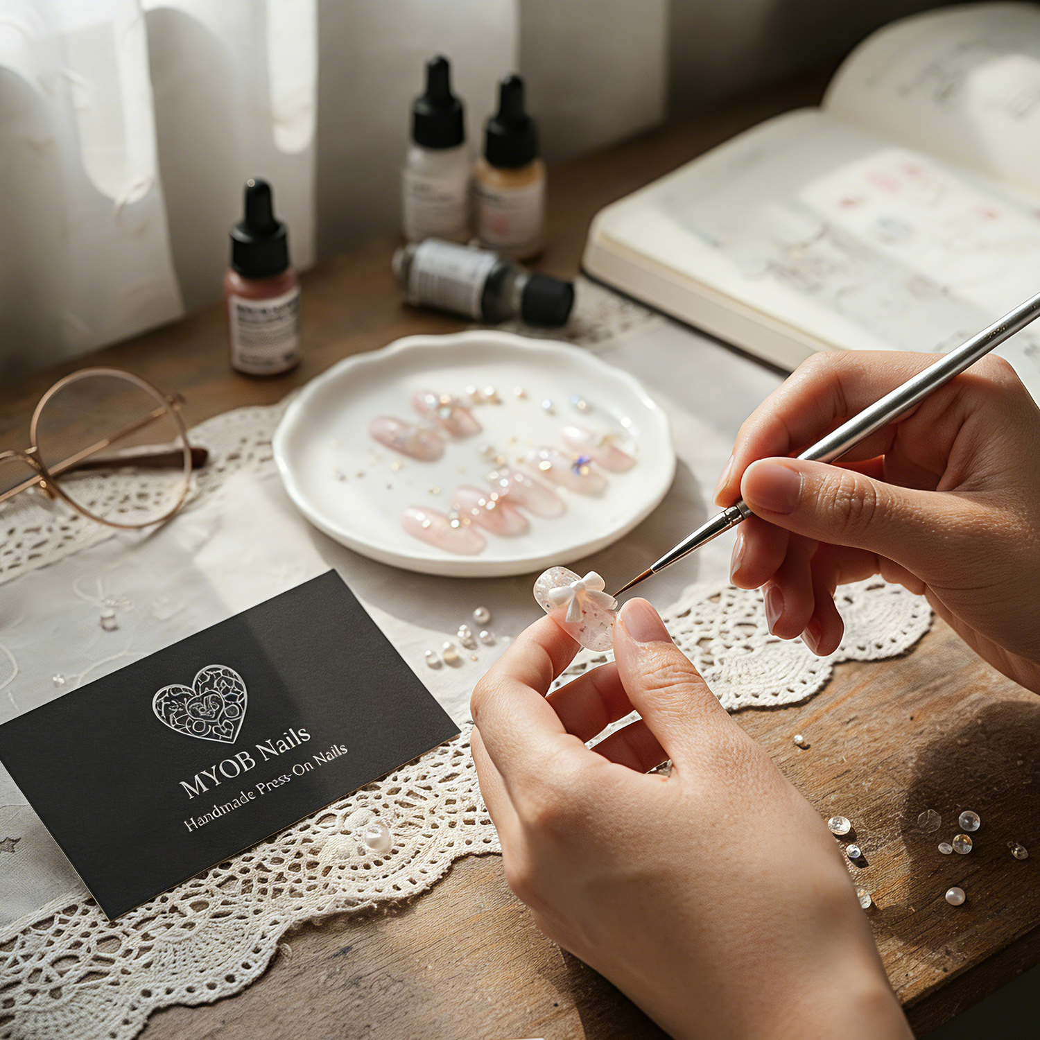 Close-up of the artisan crafting a handmade MYOB Nails press-on nail with a delicate 3D bow and pearls on a vintage-style wooden workspace with a brand card.