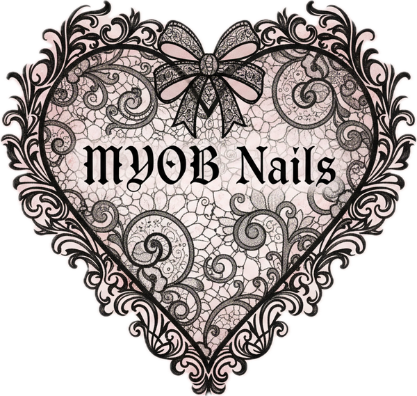 MYOB Nails brand logo featuring a signature heart-shaped frame with intricate black lace detailing on a transparent background.