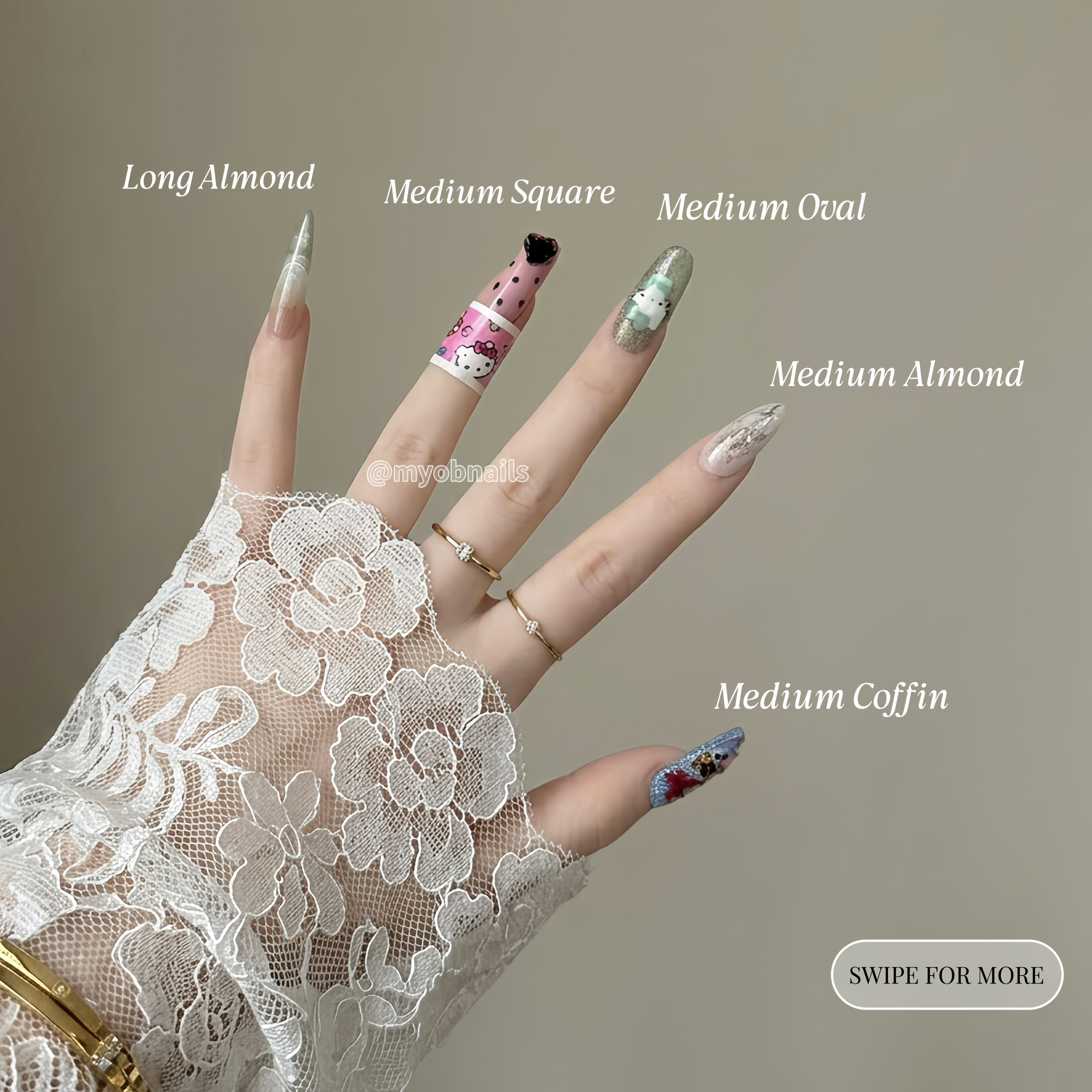 Visual reference for Long and Medium length press-on nails worn on hand, MYOB Nails.