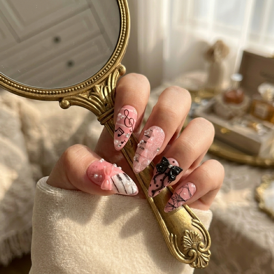 Hand model holding a vintage gold mirror showcasing MYOB Nails Melody Muse set with pink glitter, black lace patterns, and 3D ribbon accents for a coquette aesthetic.