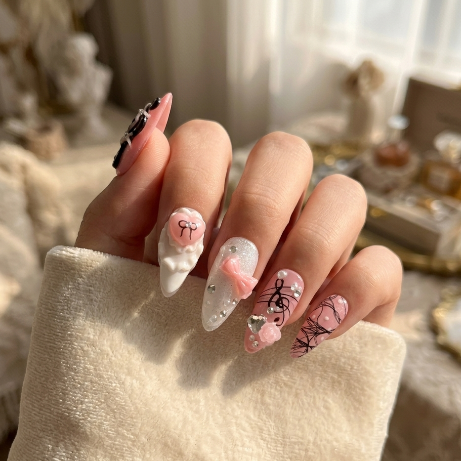MYOB Nails Melody Muse press-on nails featuring pink and white almond shapes with 3D bows, musical notes, and delicate heart charms on a hand model.