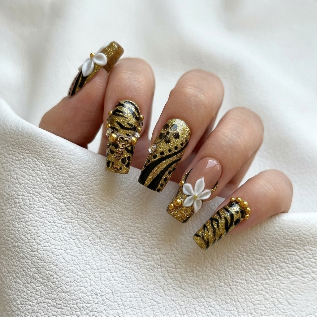 A hand model posing with Millennium Disco MYOB nails showing intricate 3D floral designs and shimmering gold and black patterns against a textured white background.