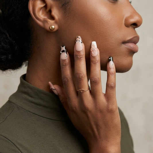 MYOB Nails Mocha Fleur almond press-on nails in elegant portrait lifestyle close-up, hand resting gently near the jawline. The manicure features muted nude bases, leopard print patterns, 3D floral embellishments and sleek metallic detailing, paired with dainty gold jewelry and an olive green top for refined daily styling