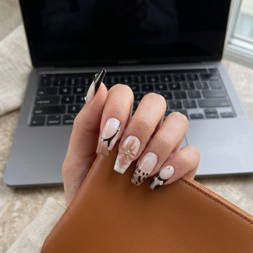 MYOB Nails Mocha Fleur medium coffin press-on nails worn on hand resting on tan leather clutch, modern workspace backdrop with silver laptop, showcasing delicate neutral-toned 3D floral detailing, leopard print accents, and refined metallic nail trim for everyday office-friendly manicure styling