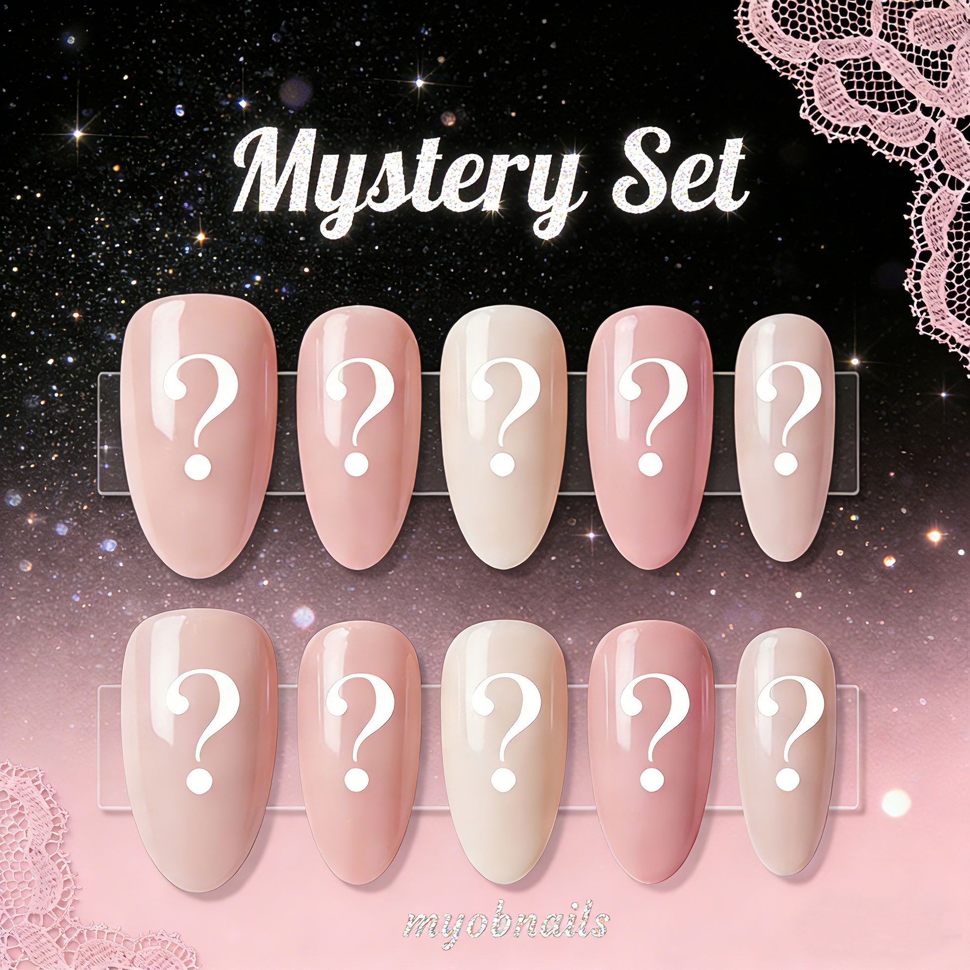 MYOB Nails Mystery Blind Box on pink and black lace aesthetic background