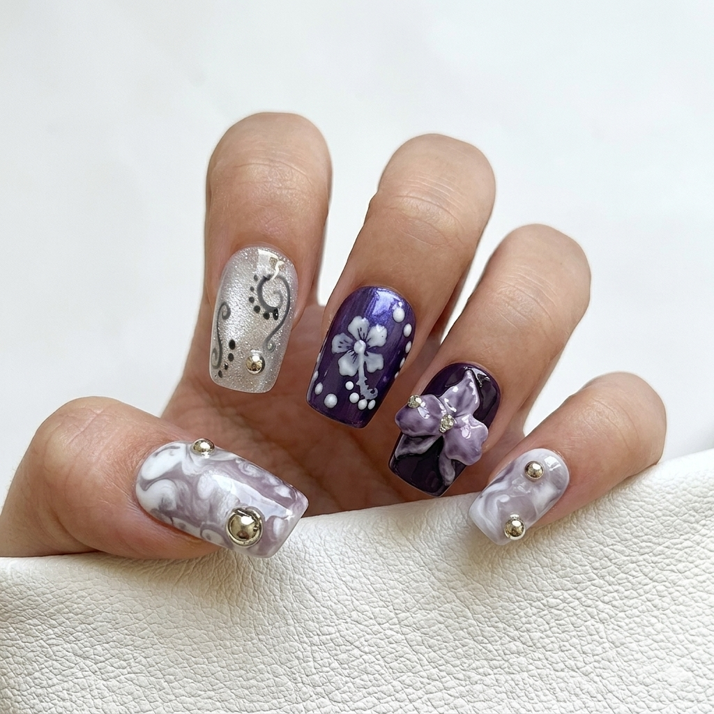 Close-up of MYOB Nails Orchid Mirage set on a hand model, featuring a large 3D purple orchid charm, silver glitter swirls, and marbled patterns against a white textured background.