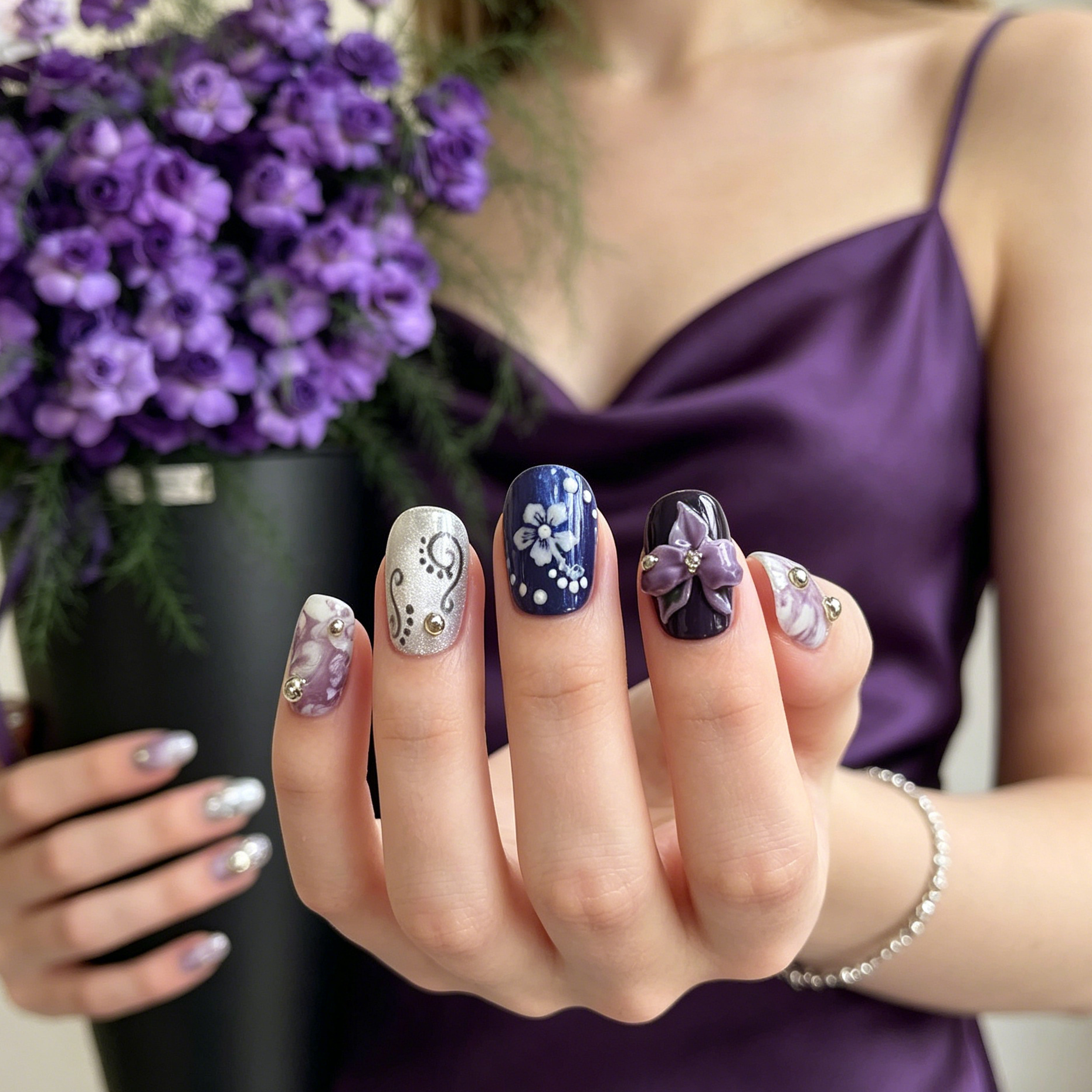 MYOB Nails Orchid Mirage press-on nails featuring deep purple and silver tones, 3D floral charms, and elegant patterns, held by a model in a matching silk dress with purple flowers.