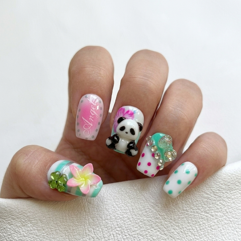 Detailed view of MYOB Nails Panda-monium set featuring 3D panda charms, pink "Angel" lettering, rhinestone accents, and colorful polka dots on a hand model.