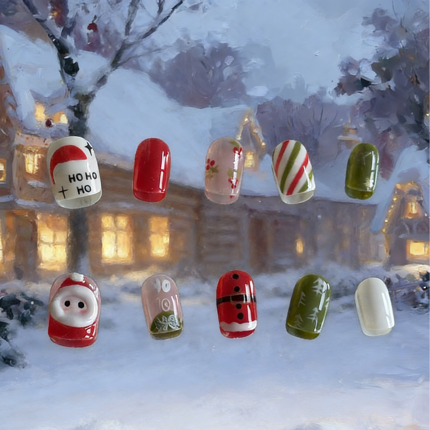 Santa Lane press-on nails by MYOB Nails featuring festive Christmas character designs and holiday season patterns.
