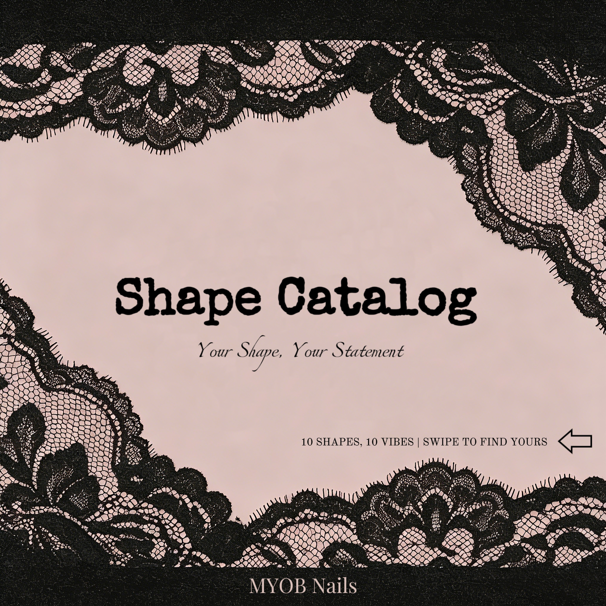 Cover of the Shape Catalog for MYOB Nails - showcasing the variety of available nail silhouettes and lengths.