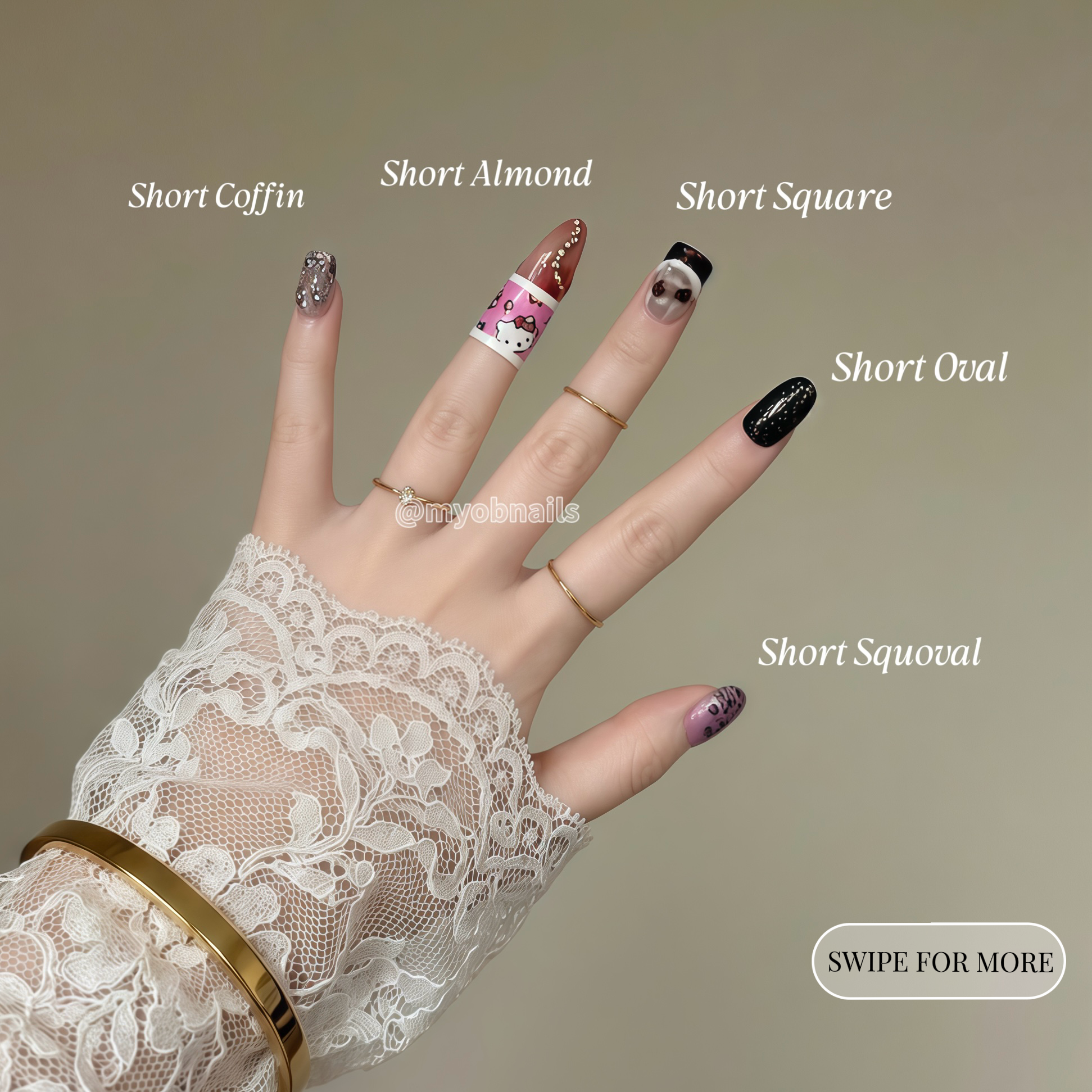 Visual reference for Short length press-on nails worn on hand, MYOB Nails.