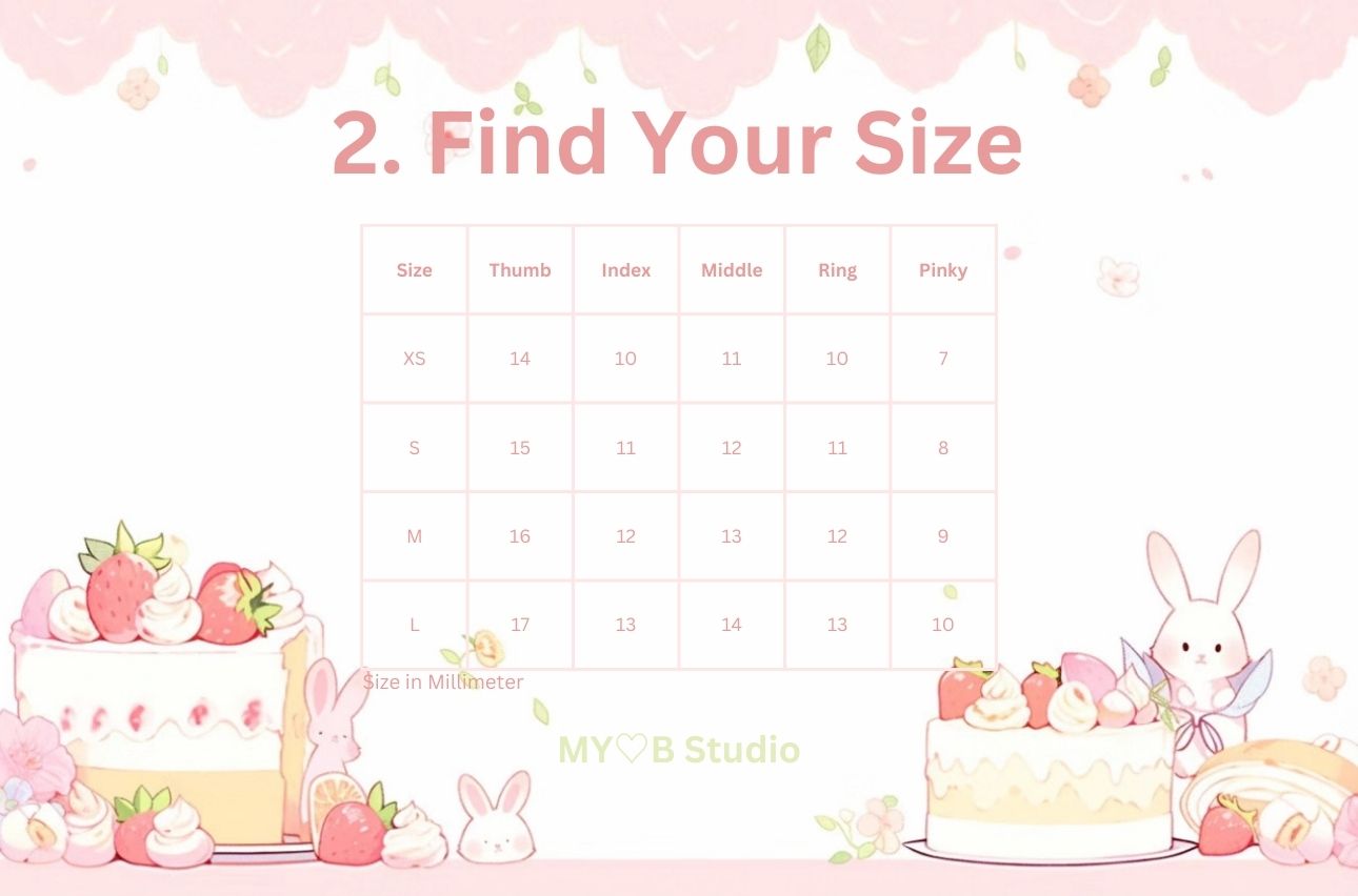 MYOB Nails official sizing chart for handmade press-on nails, showing millimeter measurements for sizes Extra Small to Large.