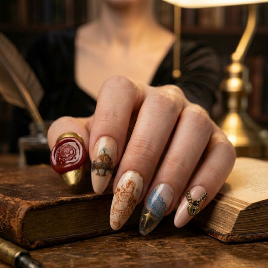 MYOB Nails The Lost Fairytale press-on nails featuring vintage sketches, 3D red wax seal charm, and golden accents, styled with old books and a quill pen.