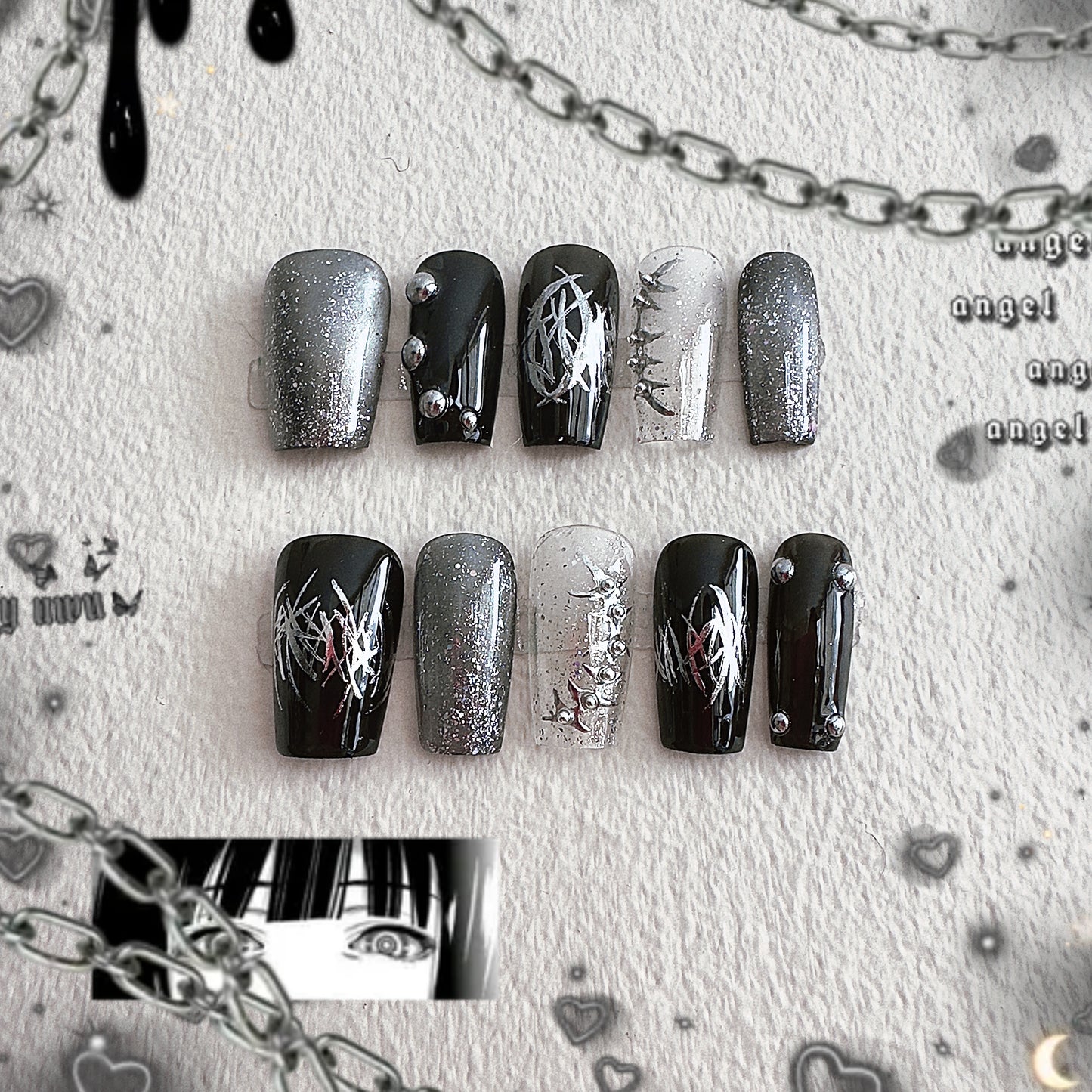 Macro shot of Thornspine nails showcasing the artisan-quality hand-painted liquid metal art and durable salon-grade finish.