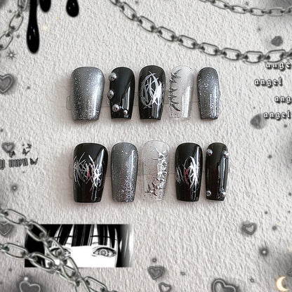 Macro shot of Thornspine nails showcasing the artisan-quality hand-painted liquid metal art and durable salon-grade finish.