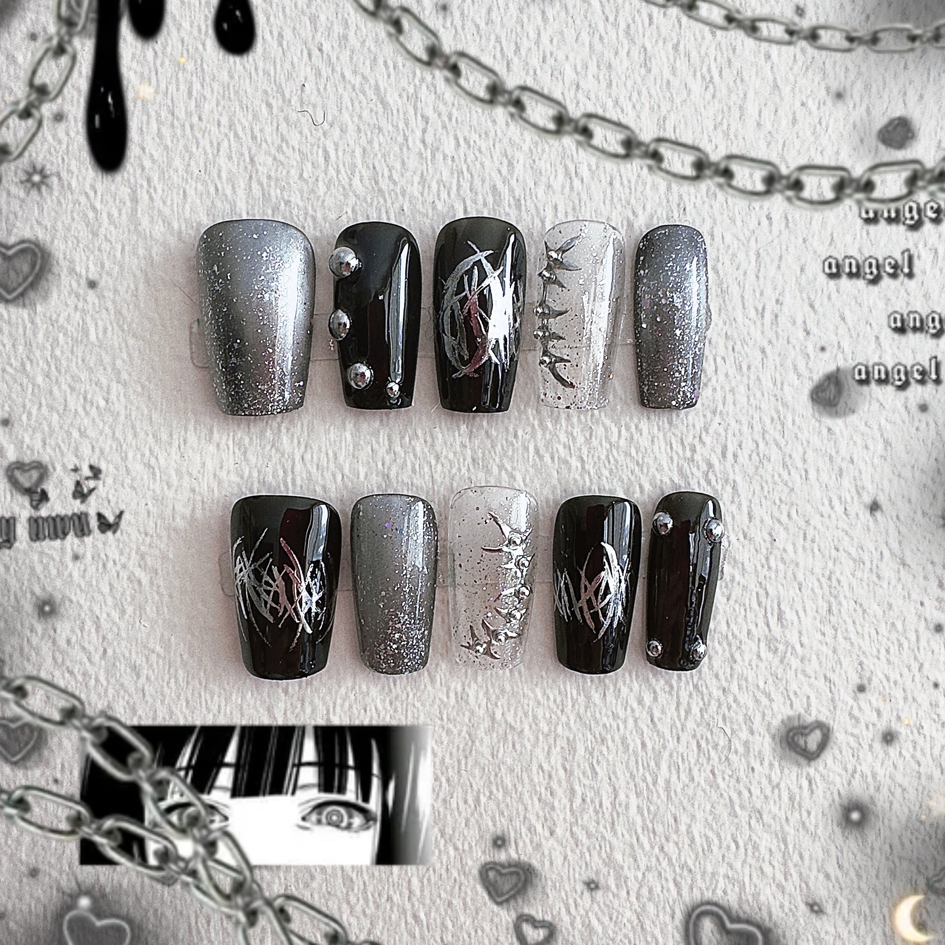 Front view of MYOB Nails Thornspine collection featuring 3D silver thorns, chrome liquid metal lines, and dark glitter accents.