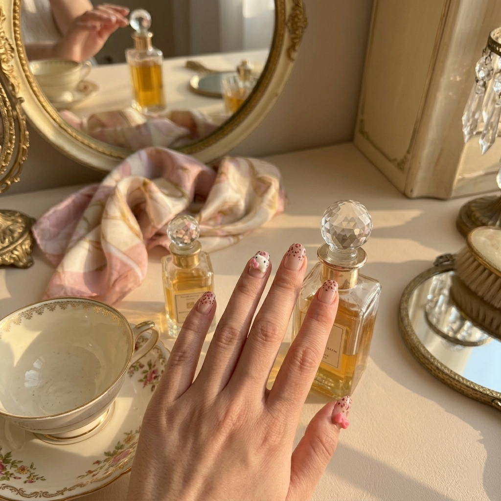 MYOB Nails Wild Kitty collection featuring leopard print press-on nails on a hand model, styled with vintage perfume bottles and a tea cup for a cozy aesthetic.