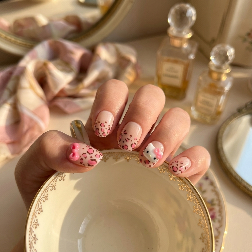 Close-up of MYOB Nails Wild Kitty press-on nails with pink leopard spots and a cute 3D cartoon cat charm, held against a vintage gold-rimmed tea cup.