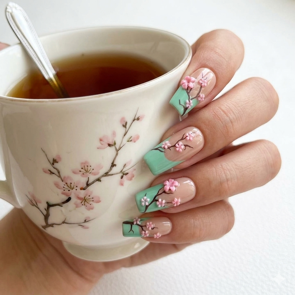 Hand model posing with Zen Blossom press-on nails featuring detailed 3D sakura flowers and mint green accents, holding a large floral tea cup.